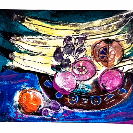 "Fruktskål V" av Uffe B, Akvarell på papper, 25,5x32 cm