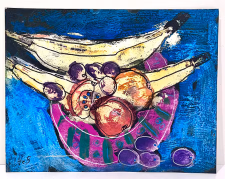 "Fruktskål VI" av Uffe B, Akvarell på papper, 32x25 cm