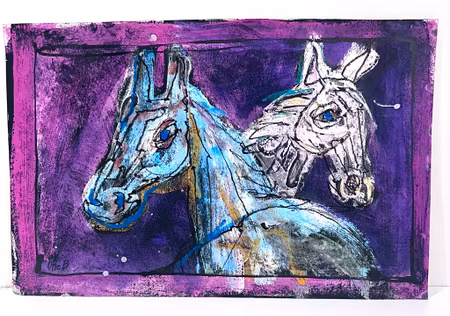 "Hästarna" av Uffe B, Akvarell på papper, 50x33 cm