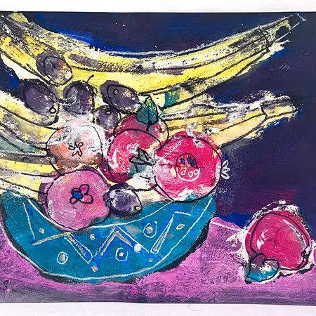 "Fruktskål VII" av Uffe B, Akvarell på papper, 32,5x25,5 cm