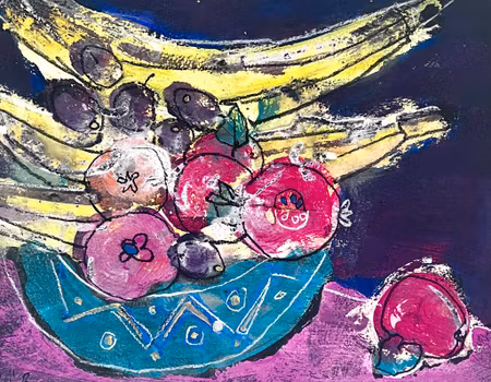 "Fruktskål VII" av Uffe B, Akvarell på papper, 32,5x25,5 cm