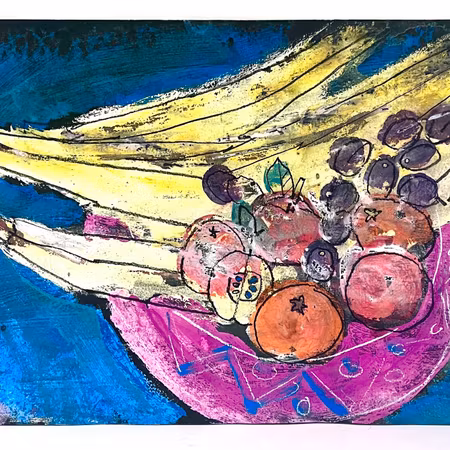 "Fruktskål VIII" av Uffe B, Akvarell på papper, 50x31 cm