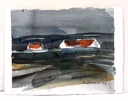 "Landskap med hus" Akvarell av Anders Åstrand. 16,5x12 cm
