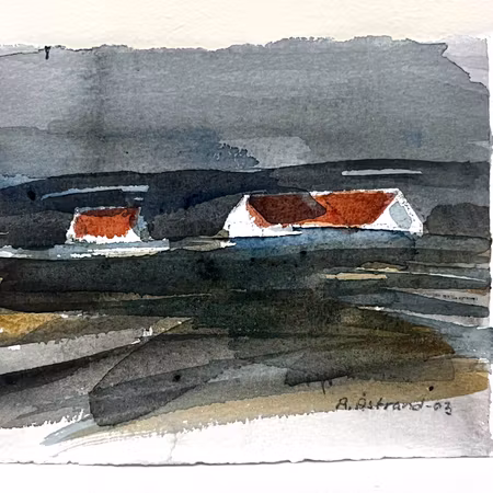 "Landskap med hus" Akvarell av Anders Åstrand. 16,5x12 cm