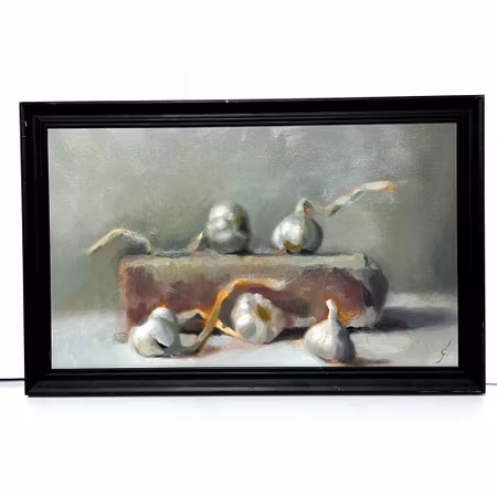 "Stilleben med vitlök" Olja på duk av Gustav Sundin. 45x29,5 cm