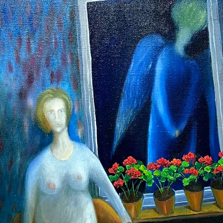"Ängeln i fönstret" Olja på duk av Stefan W. Igelström. 48x56cm