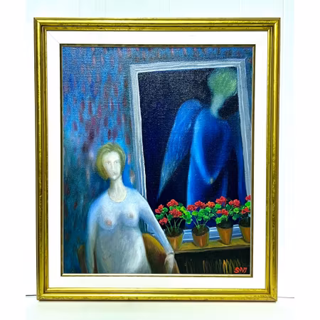 "Ängeln i fönstret" Olja på duk av Stefan W. Igelström. 48x56cm