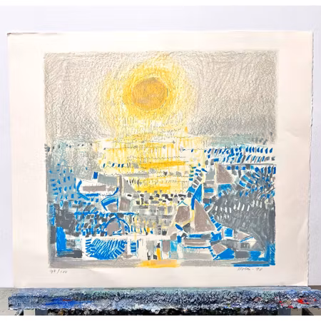 Gustav Bolin, färglitografi, signerad och numrerad 74/100  "Solnedgång i hamn", bladstorlek 71 x 61 cm.