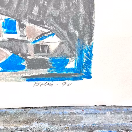 Gustav Bolin, färglitografi, signerad och numrerad 74/100  "Solnedgång i hamn", bladstorlek 71 x 61 cm.