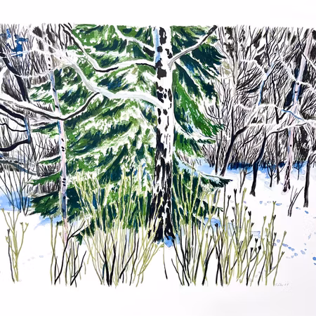 Evy Låås, färglitografi, signerad och markerad P-T  "Spår i snön", bladstorlek 74 x 60 cm.