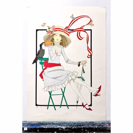 Philippe Henri Noyer, färglitografi, "Fille au perroquet", bladstorlek 65 x 89 cm.