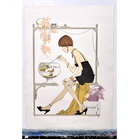 Philippe Henri Noyer, färglitografi, "Doucet", bladstorlek 65 x 89 cm.