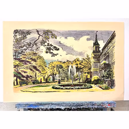 Folke Persson, "Promenad i parken" färglitografi,  60x89 cm.