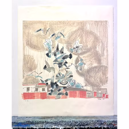 Gustav Bolin, färglitografi, signerad och markerad E.A  "Fåglar", bladstorlek 56 x 65 cm.