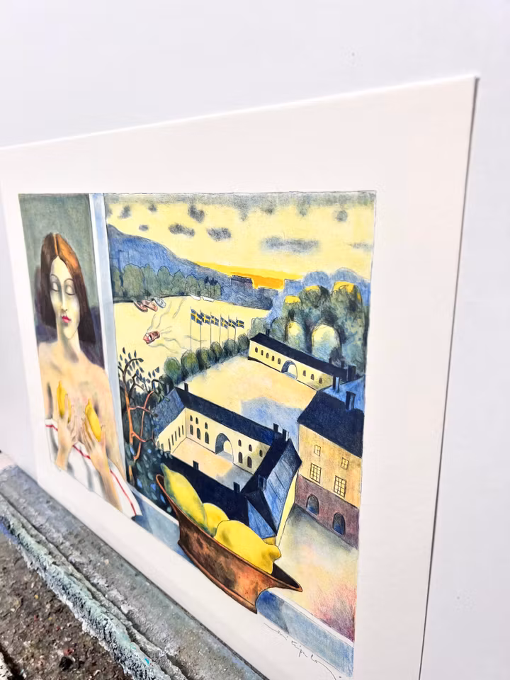 Jussi Taipaleenmäki, Litografi, "Grimasch om morgonen" 56 x 43,5 cm