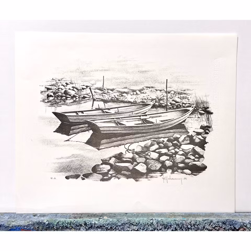 Nils Erik Johansson, Litografi, signerad "Förtöjd", 49x40 cm.