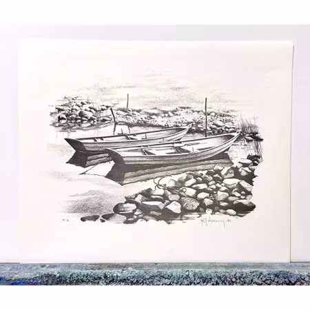 Nils Erik Johansson, Litografi, signerad "Förtöjd", 49x40 cm.