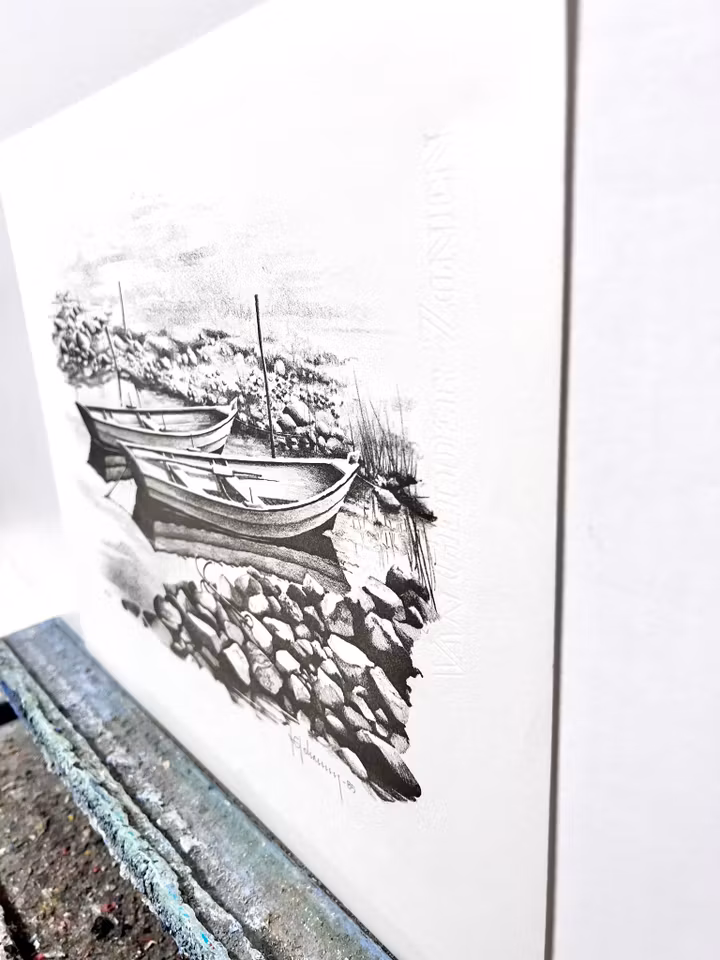 Nils Erik Johansson, Litografi, signerad "Förtöjd", 49x40 cm.