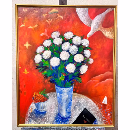"Blomvas i röd värld" Olja på duk av Stefan W. Igelström 85x104,5cm