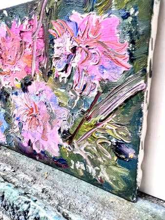 "Rosa blomster" Olja på duk av Jerry Andersson.  22,5x16 cm