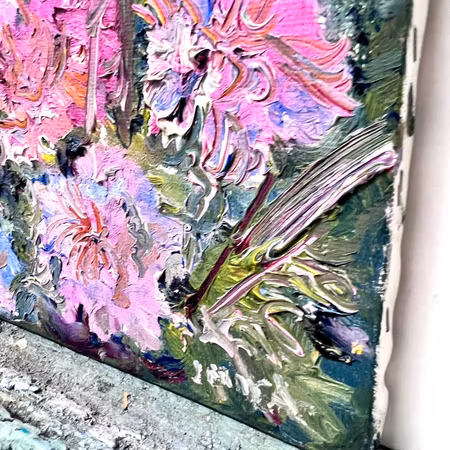 "Rosa blomster" Olja på duk av Jerry Andersson.  22,5x16 cm