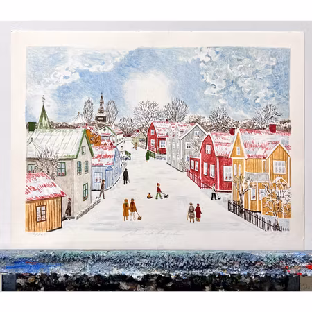 "Motiv från ett vintrigt Trosa". Litografi av Curt Sjöberg. 61x45 cm