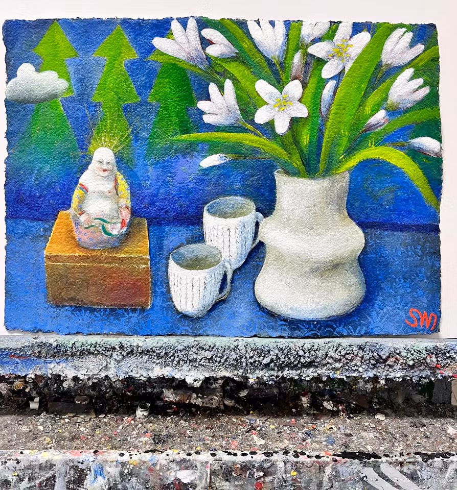 "Stillhet och fika" Akryl på papper av Stefan W. Igelström 56x40 cm