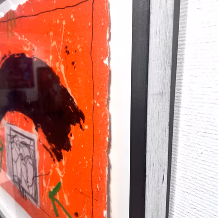 Röd Karborundumetsning av James Coignard. Inramad, 73x62 cm