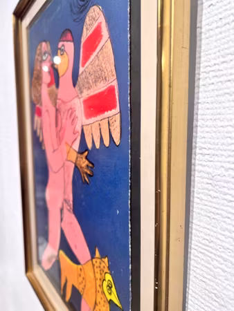 "Kvinna med fågel och katt" Inramat litogafi av Beverloo Corneille. 37 x 51 cm