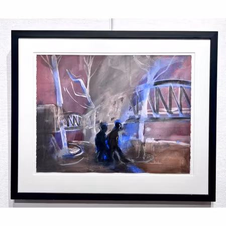 "Kvällspromenad under bron" Gouache av Örjan Vikström. 87x72 cm