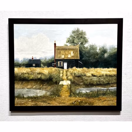 "Black Essex Cottage I" Olja på duk av John Ridgewell. 82,5x69 cm