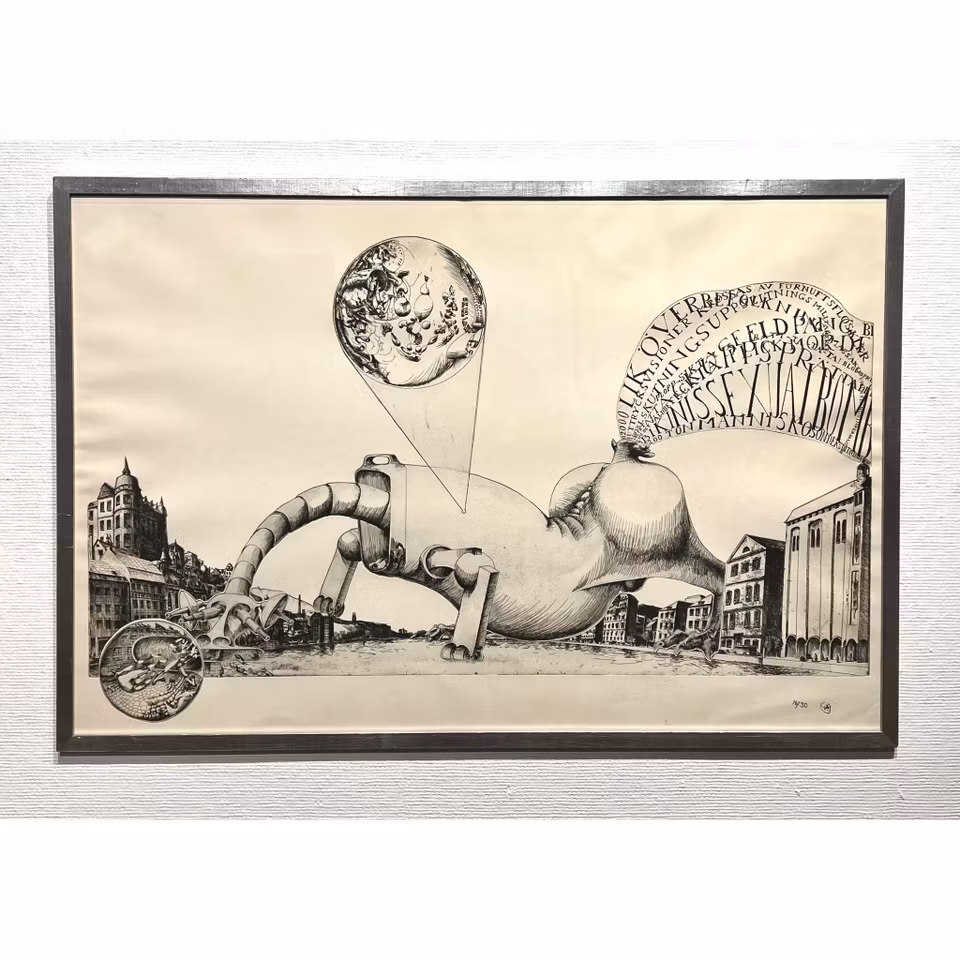 "Surrealistisk stadslandskap med erotiskt monster" Etsning av Ulf Rahmberg. 97x66,5 cm