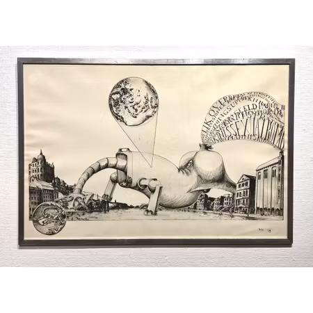 "Surrealistisk stadslandskap med erotiskt monster" Etsning av Ulf Rahmberg. 97x66,5 cm