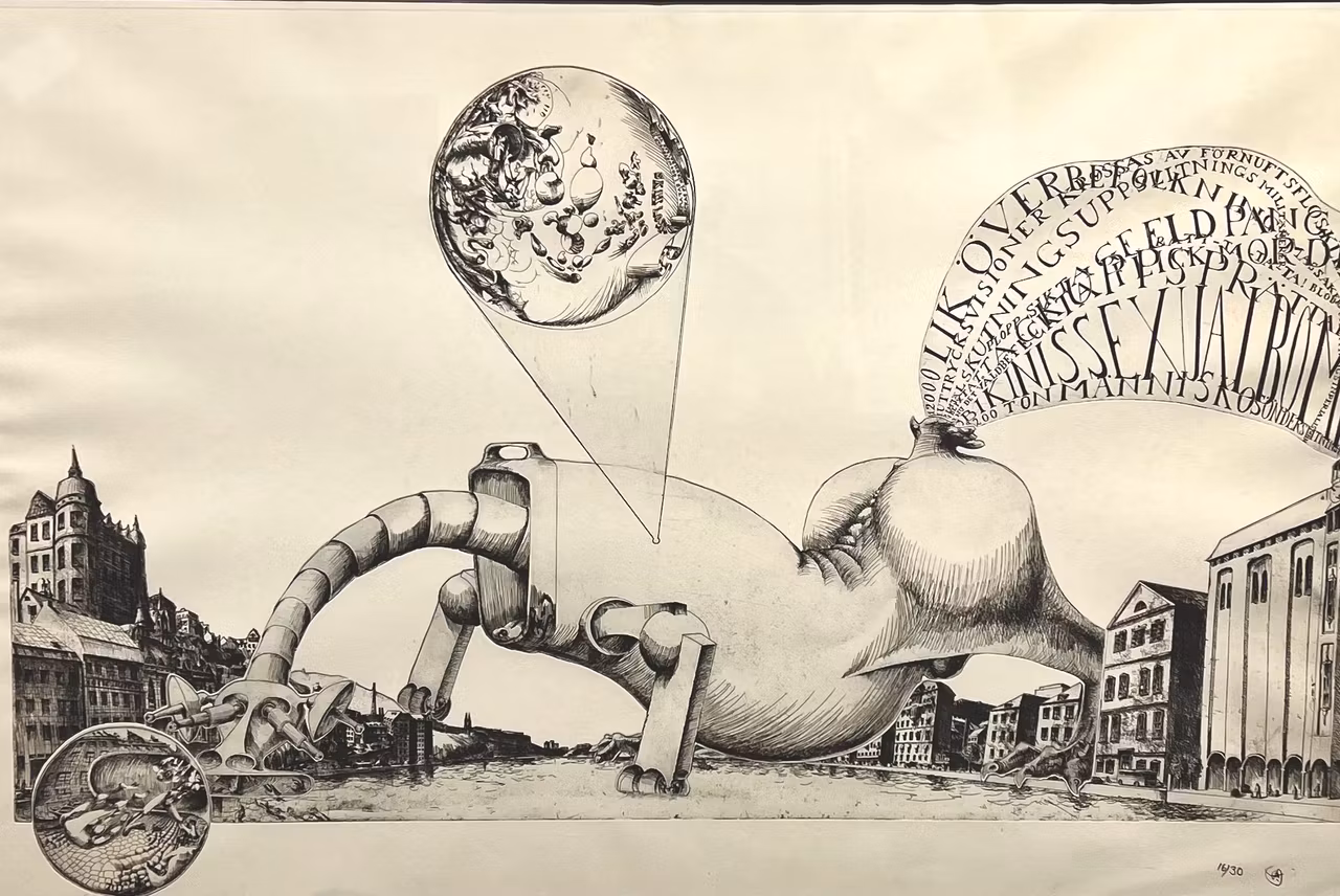 "Surrealistisk stadslandskap med erotiskt monster" Etsning av Ulf Rahmberg. 97x66,5 cm