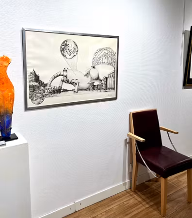 "Surrealistisk stadslandskap med erotiskt monster" Etsning av Ulf Rahmberg. 97x66,5 cm