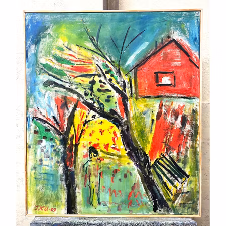 "Hus och höstträd" Olja på duk av Irene K:son Ullberg. 79x93 cm
