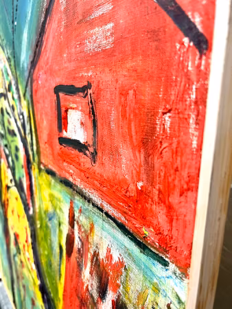 "Hus och höstträd" Olja på duk av Irene K:son Ullberg. 79x93 cm