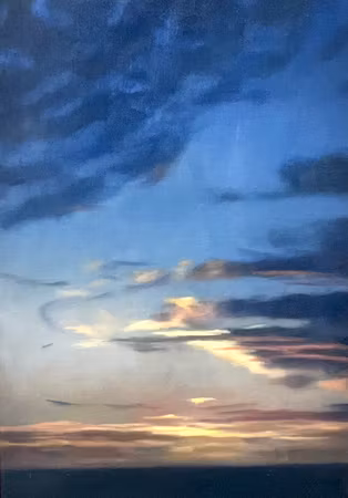 "Orange solnedgång på vitt" Olja på duk av Martin Watsfelt. 55x64 cm