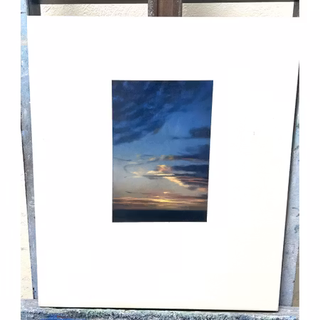 "Orange solnedgång på vitt" Olja på duk av Martin Watsfelt. 55x64 cm