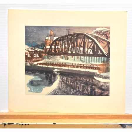 "Degerfors Järnverk" Konsttryck efter träsnitt av Carl Palme. 42x48 cm
