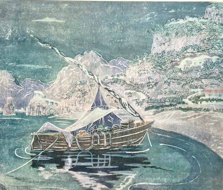 "Vinbåten från Amalfi" Konsttryck efter träsnitt av Carl Palme. 42x48 cm
