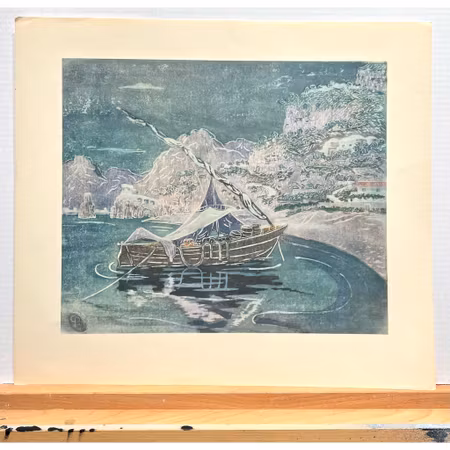 "Vinbåten från Amalfi" Konsttryck efter träsnitt av Carl Palme. 42x48 cm