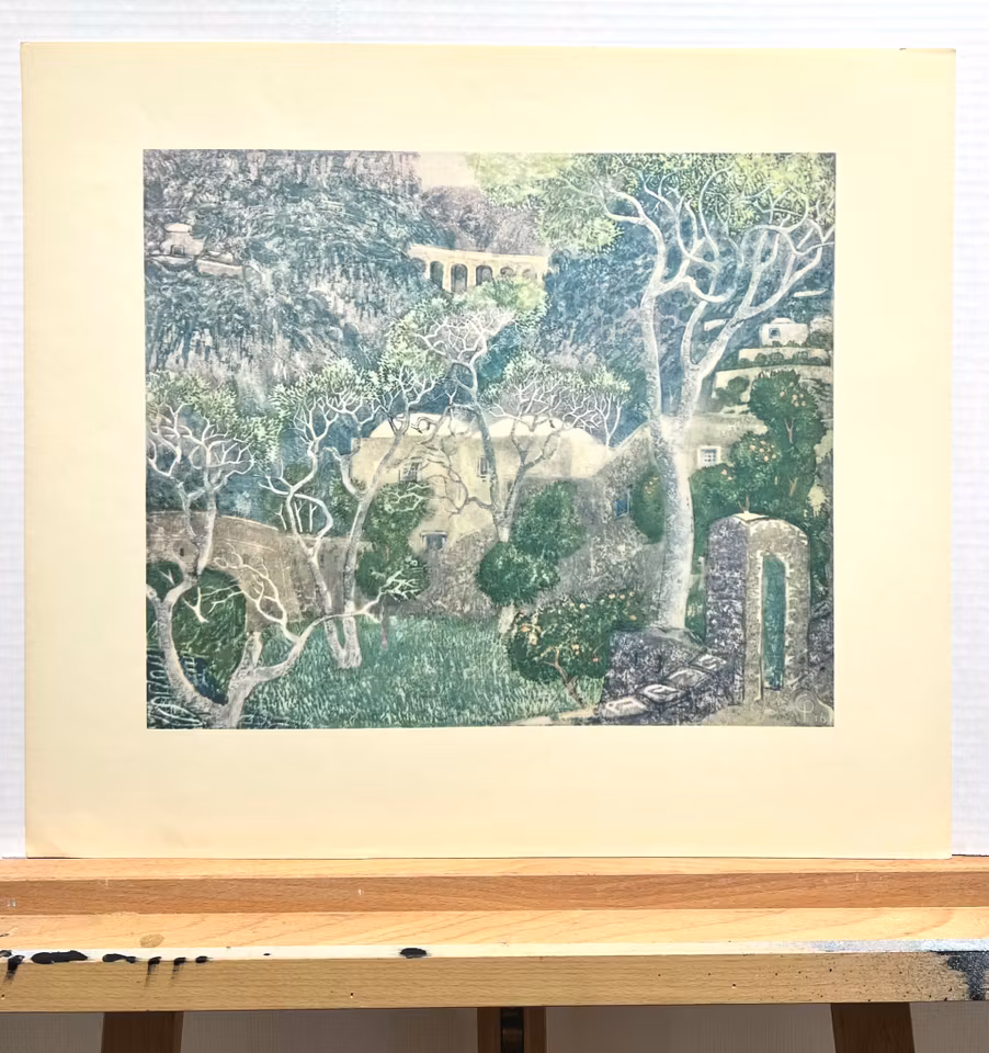 "Vårlandskap" Konsttryck efter träsnitt av Carl Palme. 42x48 cm