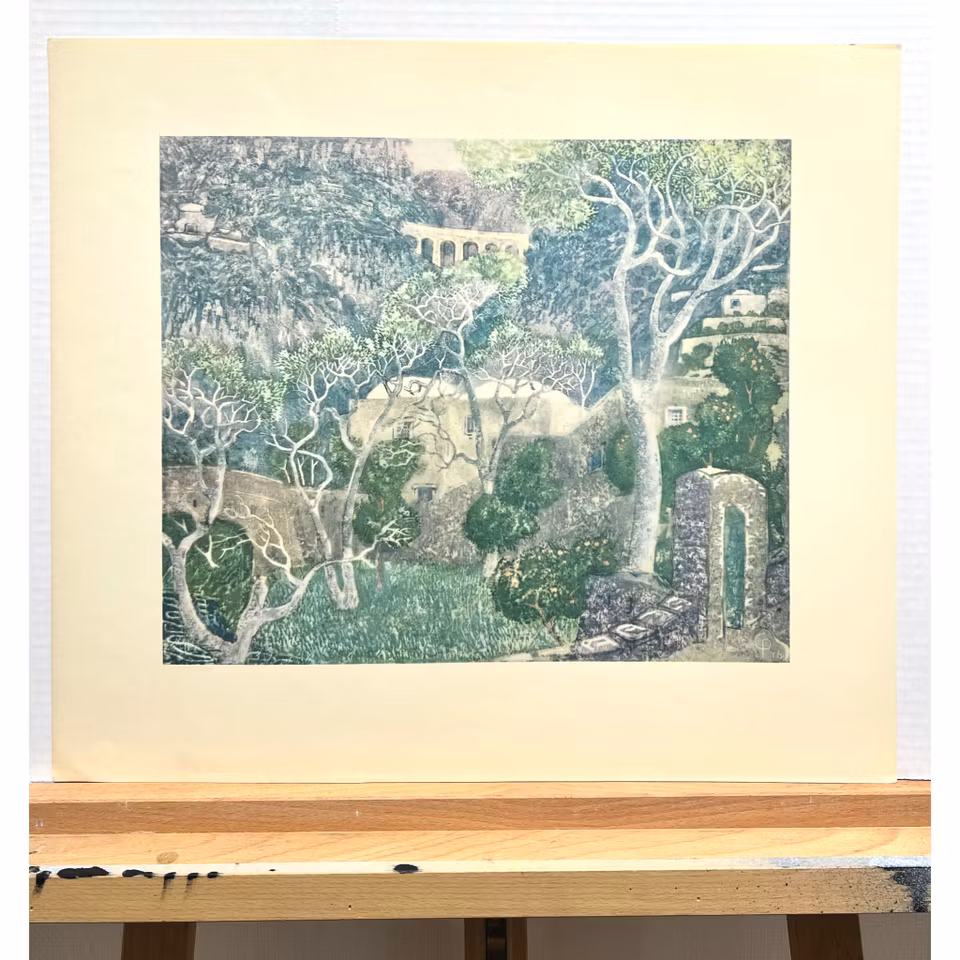 "Vårlandskap" Konsttryck efter träsnitt av Carl Palme. 42x48 cm