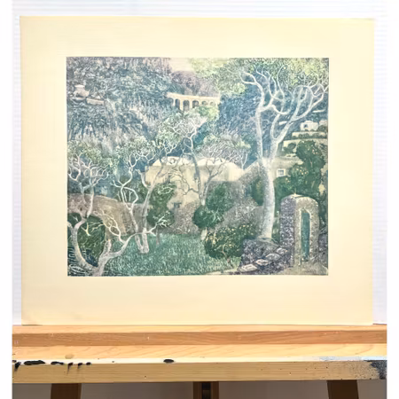 "Vårlandskap" Konsttryck efter träsnitt av Carl Palme. 42x48 cm