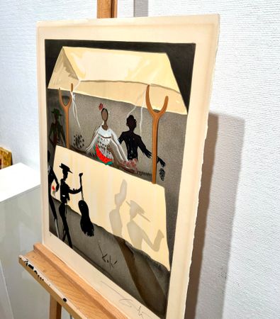 "Außerhalb der Arena: Die Obstverkäuferin" Färglitografi av Salvador Dalí. 50,5x65 cm