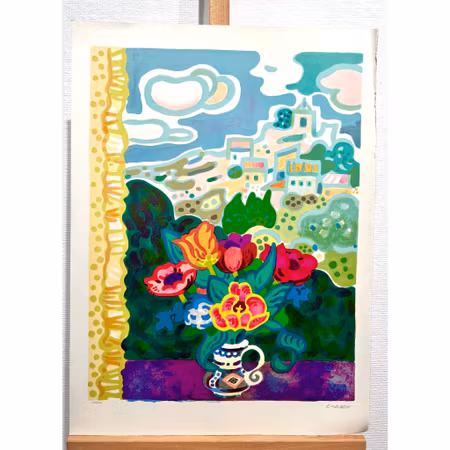 "Blomvas" Litografi av Guy Charon. 56x76 cm