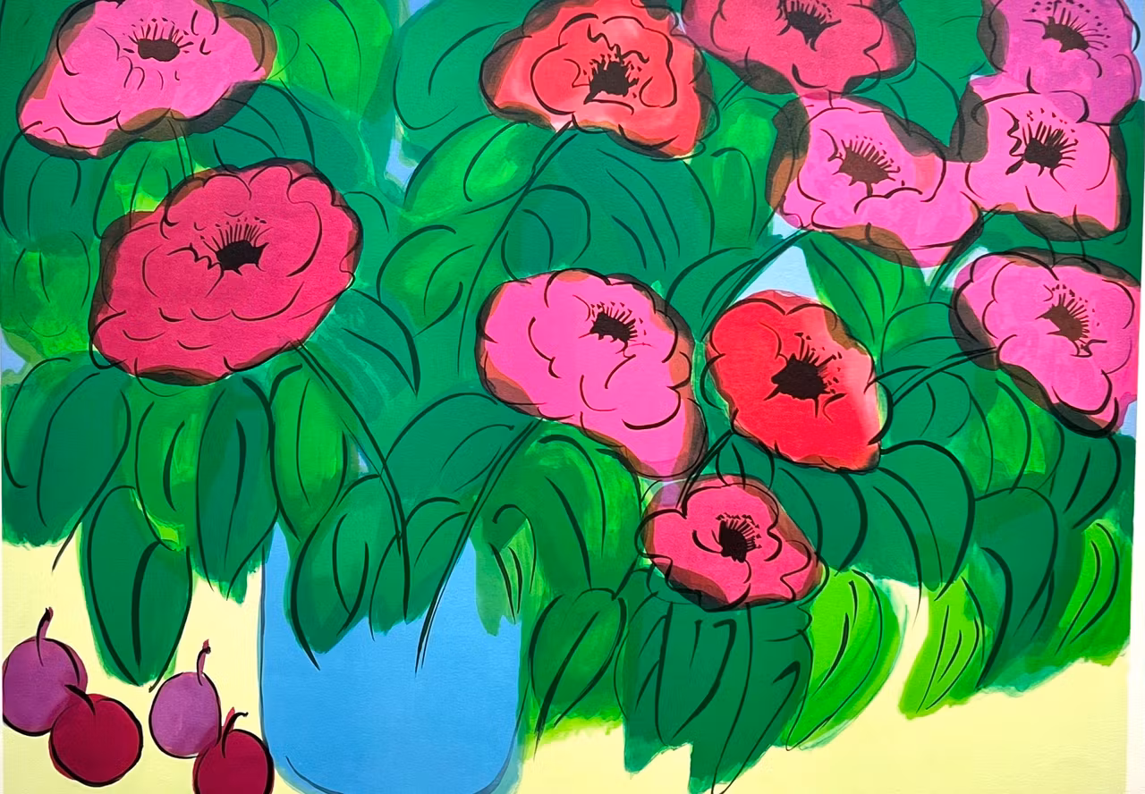 "Flowers and fruit" Serigrafi av Walasse Ting, 55x77 cm