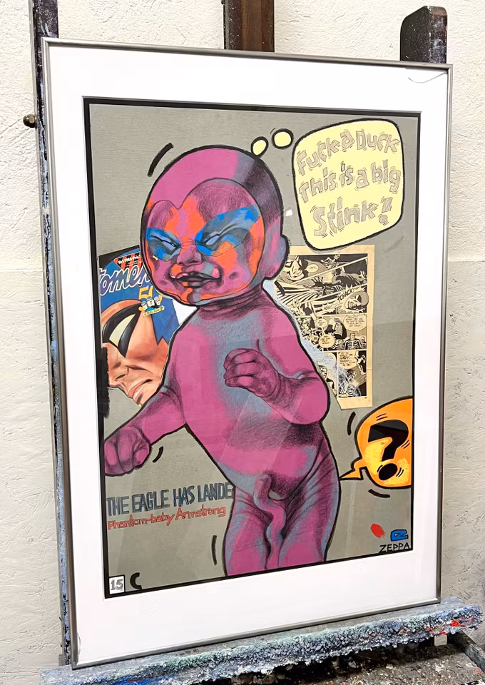 "Fuck a duck, this is a big stink" Original på papper av Pia ZEPPA Häggström. 62x88,5 cm