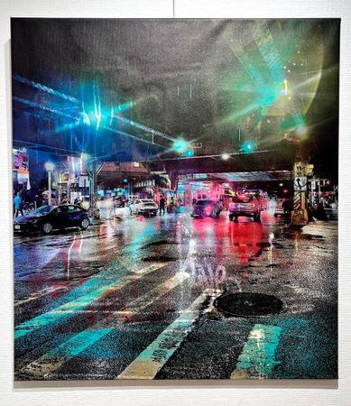 "NYC Streetlife" Blandteknik på duk av Klive. 100x90 cm